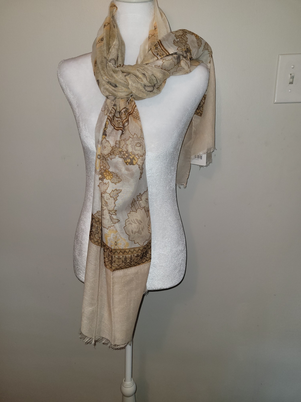 chic Beige and Gold Floral Decorative Scarf